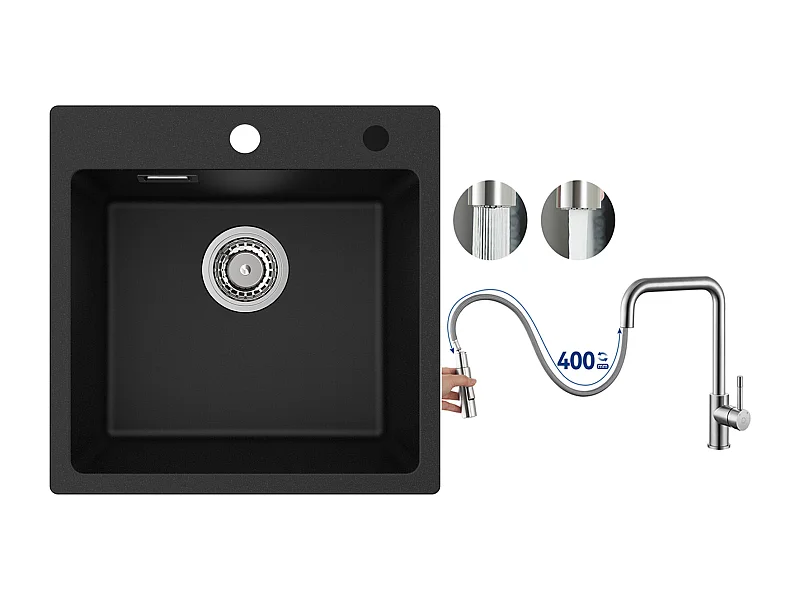 Cecipa MAX Evier 1 Bac en Quartz et Résine Noir 45x45cm Evier à Encastrer + Mitigeur avec Douchette Extractible, Brossé