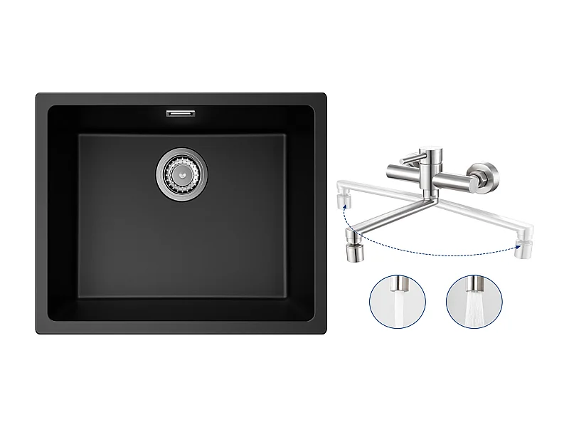 Fregadero de 1 cubeta de cuarzo y resina, 3 opciones de montaje, 55*44*20cm + Mezclador de cocina de pared con 2 chorros cepillados