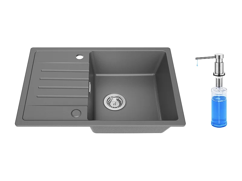 Cecipa max Evier de Cuisine Gris avec égouttoir 65 x 45 cm Evier à encastrer Evier 1 Bac Quartz et résine + 300ML Distributeur de Savon Brossé