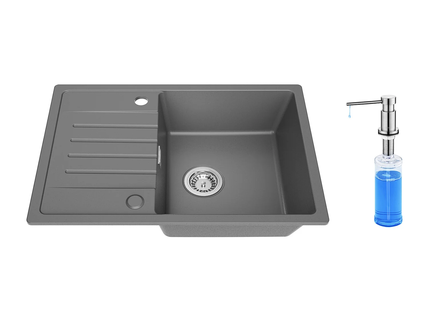 Cecipa max Evier de Cuisine Gris avec égouttoir 65 x 45 cm Evier à encastrer Evier 1 Bac Quartz et résine + 300ML Distributeur de Savon Brossé