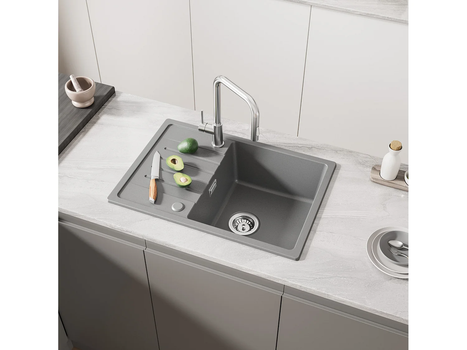 Cecipa max Evier de Cuisine Gris avec égouttoir 65 x 45 cm Evier à encastrer Evier 1 Bac Quartz et résine + 300ML Distributeur de Savon Brossé