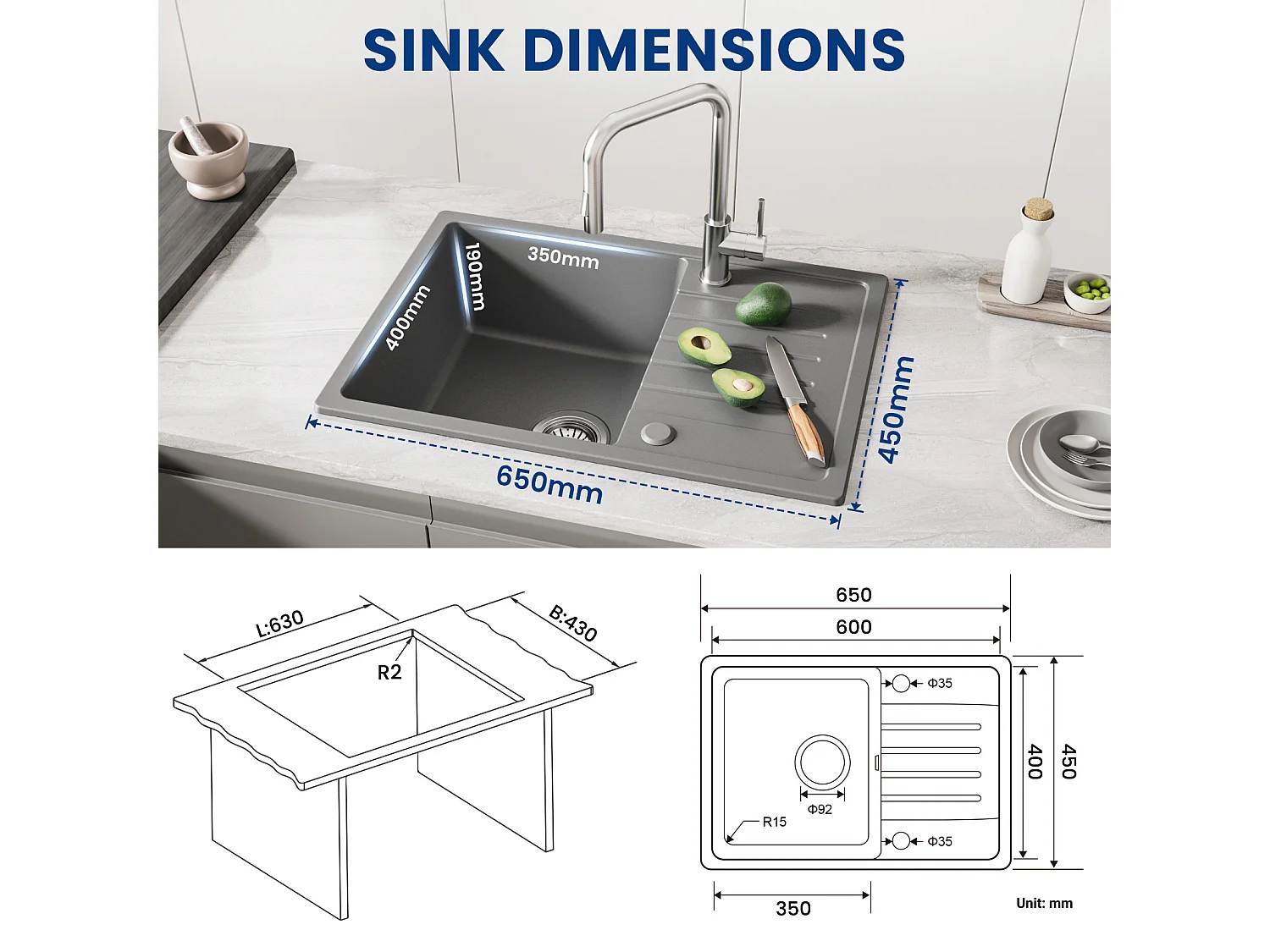 Cecipa max Evier de Cuisine Gris avec égouttoir 65 x 45 cm Evier à encastrer Evier 1 Bac Quartz et résine + 300ML Distributeur de Savon Brossé