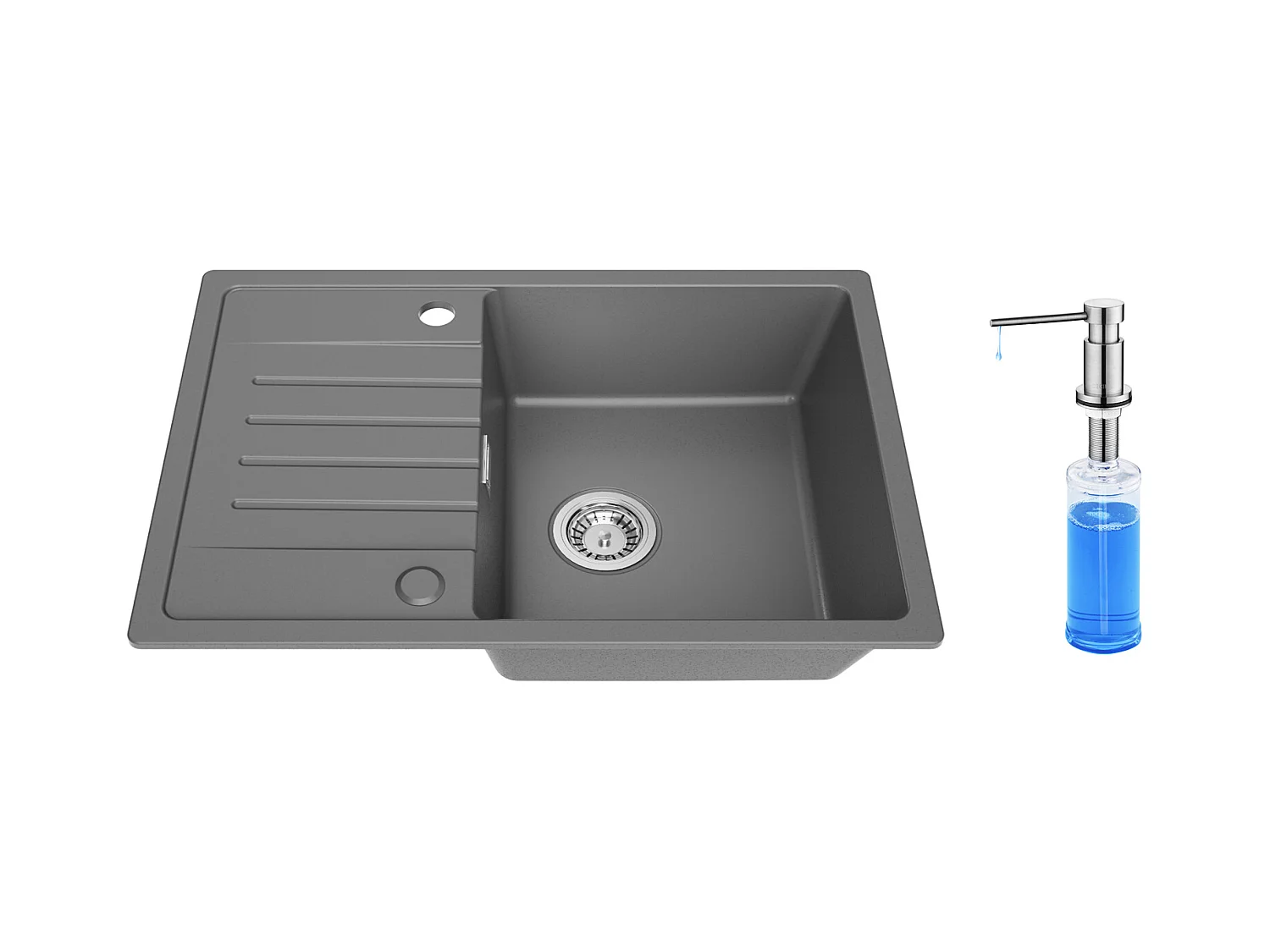 Cecipa max Evier de Cuisine Gris avec égouttoir 65 x 45 cm Evier à encastrer Evier 1 Bac Quartz et résine + 300ML Distributeur de Savon Brossé