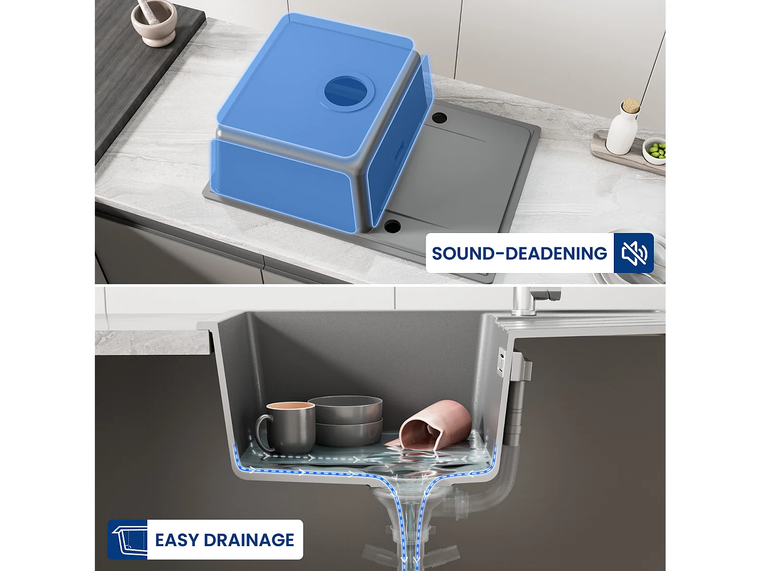 Cecipa max Evier de Cuisine Gris avec égouttoir 65 x 45 cm Evier à encastrer Evier 1 Bac Quartz et résine + 300ML Distributeur de Savon Brossé