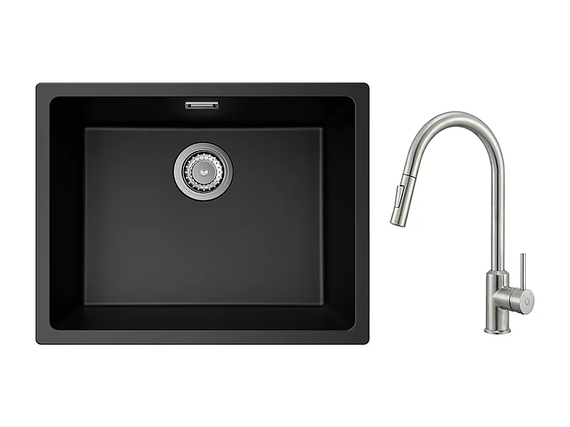 CECIPA MAX Lavello 1 Vasca in Quarzo e Resina Nero Grigio 55*44*20cm + Miscelatore con doccetta Estraibile 2 Modalità di Uscita Acqua