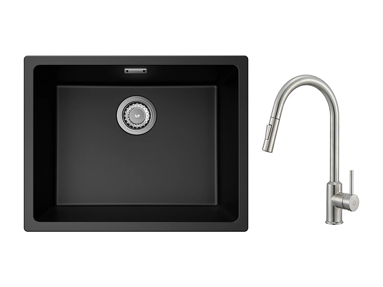 CECIPA MAX Lavello 1 Vasca in Quarzo e Resina Nero Grigio 55*44*20cm + Miscelatore con doccetta Estraibile 2 Modalità di Uscita Acqua