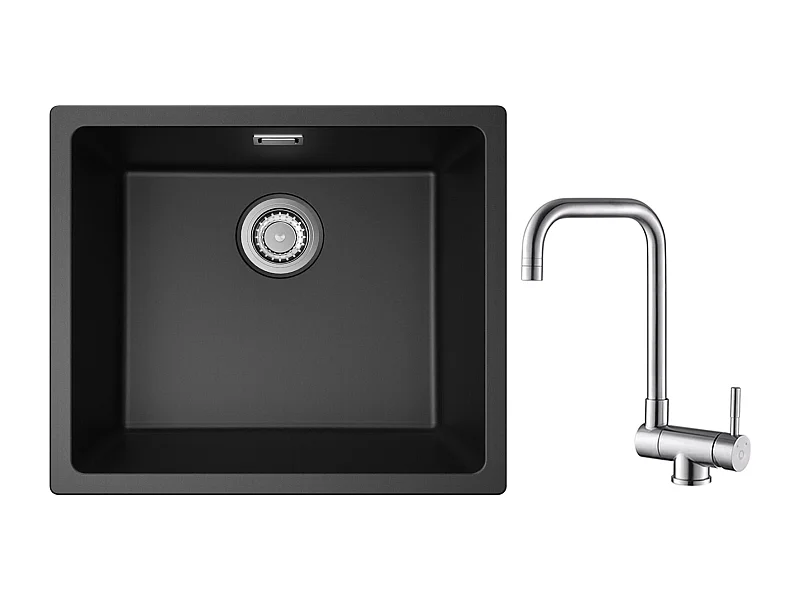 CECIPA MAX Evier 1 Bac en Quartz et Résine Noir Gris 50*44*20cm + Robinet Cuisine Rabattable Mitigeur de Evier Repliable Brossé