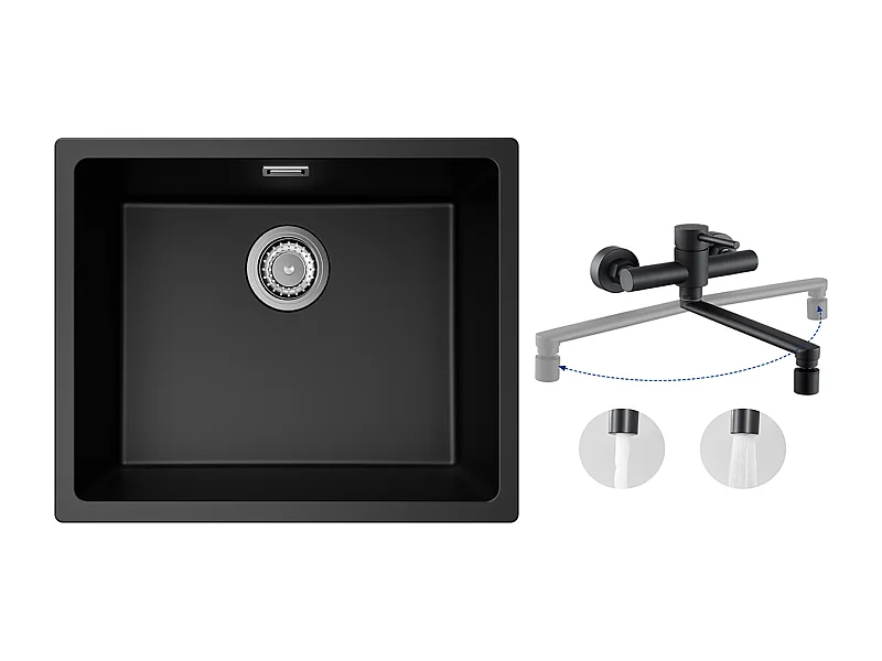 Lavello in quarzo e resina a 1 vasca, 3 opzioni di montaggio, 55*44*20 cm + Miscelatore cucina a parete con 2 getti Nero