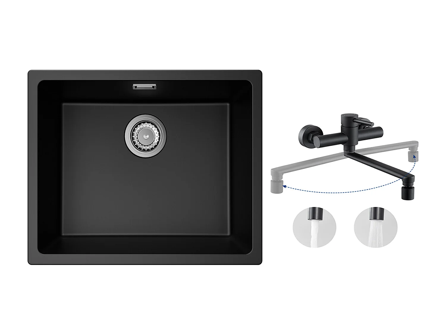 Lavello in quarzo e resina a 1 vasca, 3 opzioni di montaggio, 55*44*20 cm + Miscelatore cucina a parete con 2 getti Nero