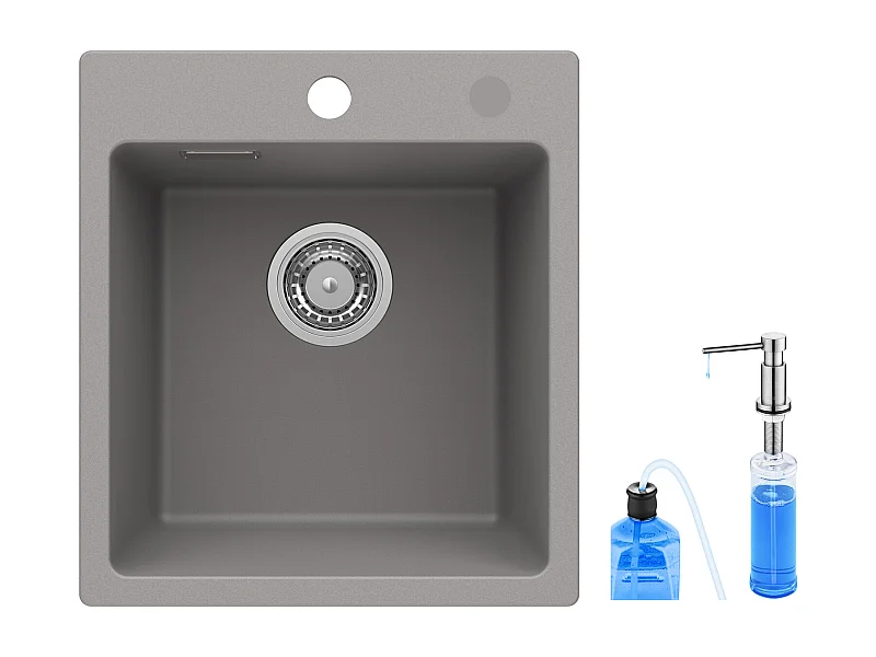 Cecipa max Gris Evier Quartz (40x45x20cm) Evier 1 Bac en Quartz Evier de Cuisine en Granit, Evier à Encastrer + 300ML Distributeur de Savon Brossé