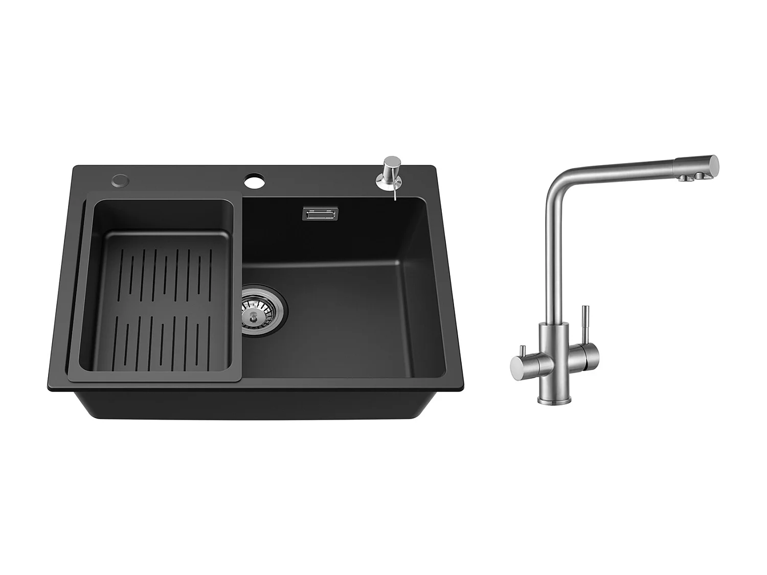 Noir Evier en Quartz et Résine avec Panier de Vidange et Distributeur de Savon 60*45*20cm + Mitigeur Cuisine pour Sstème D'osmose