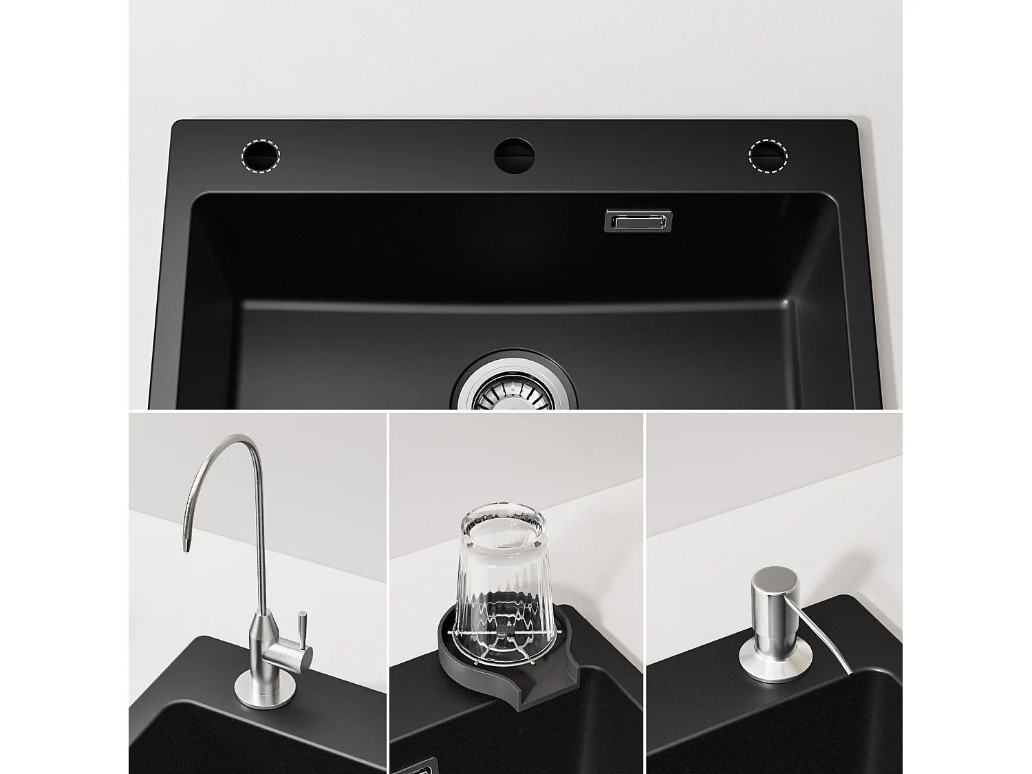 Noir Evier en Quartz et Résine avec Panier de Vidange et Distributeur de Savon 60*45*20cm + Mitigeur Cuisine pour Sstème D'osmose