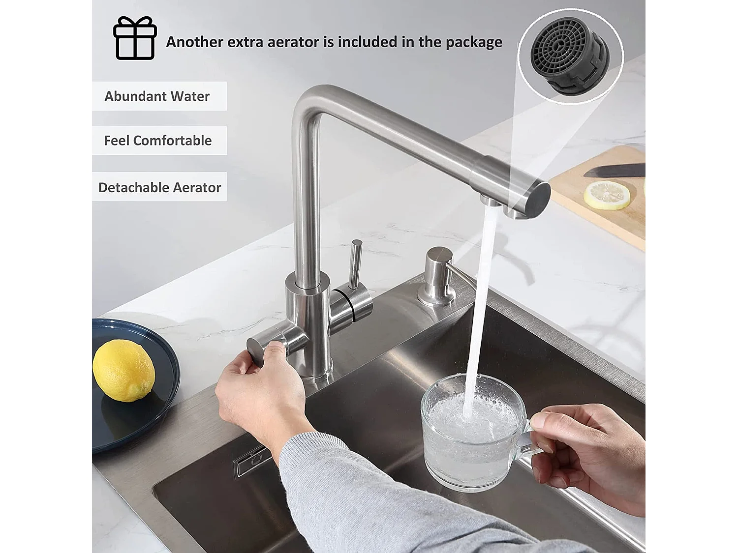Noir Evier en Quartz et Résine avec Panier de Vidange et Distributeur de Savon 60*45*20cm + Mitigeur Cuisine pour Sstème D'osmose
