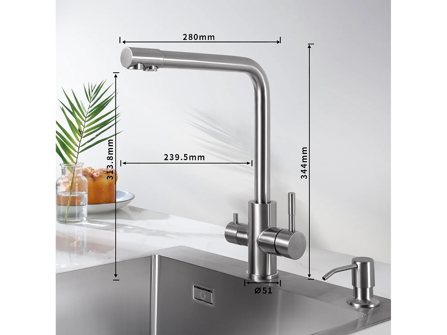Noir Evier en Quartz et Résine avec Panier de Vidange et Distributeur de Savon 60*45*20cm + Mitigeur Cuisine pour Sstème D'osmose