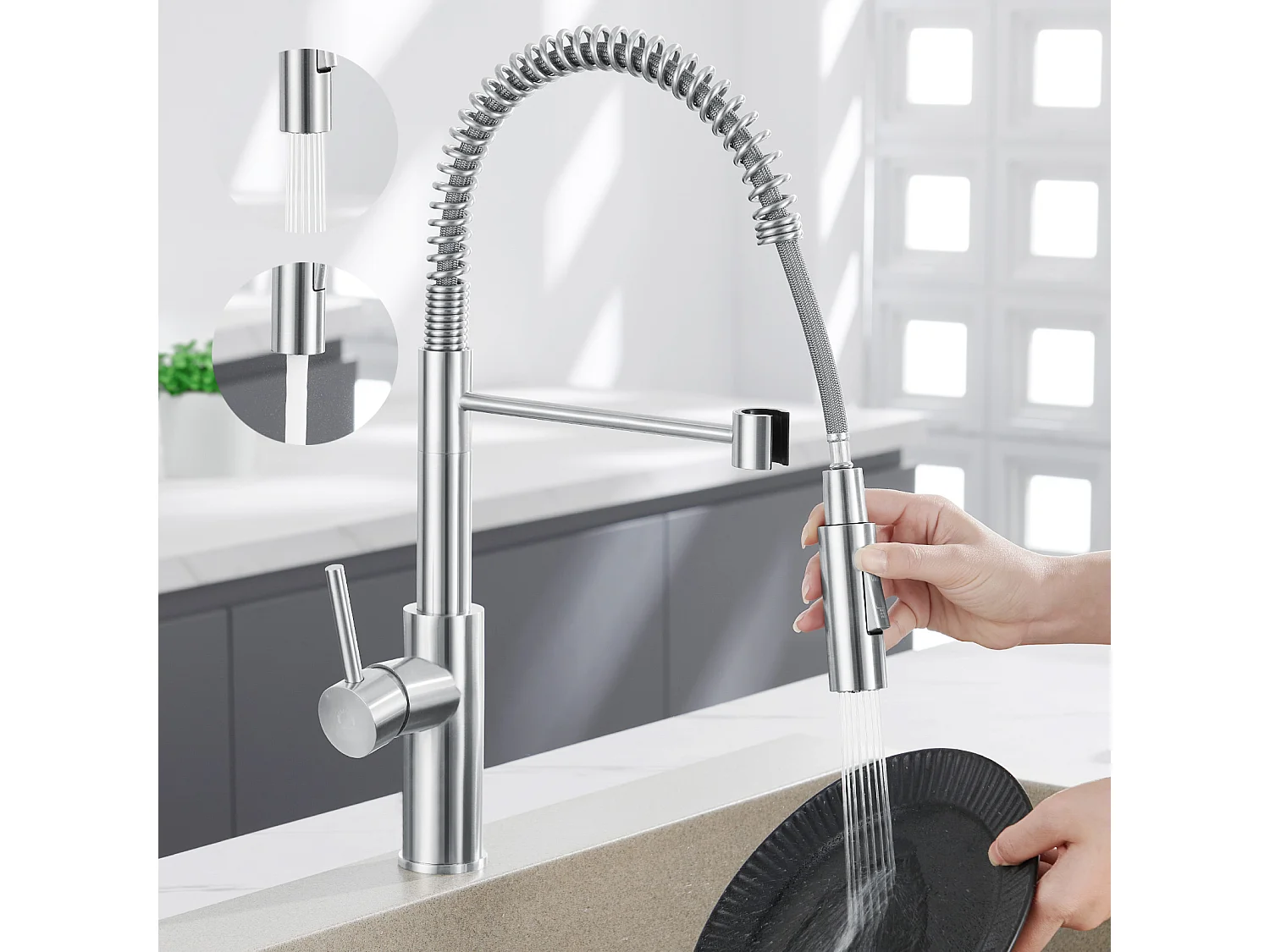 Cecipa max Evier Quartz Noir 50x45cm Evier 1 Bac en Quartz Evier de Cuisine en Granit  + Mitigeur Cuisine à Ressort Brossé avec Douchette Extractible