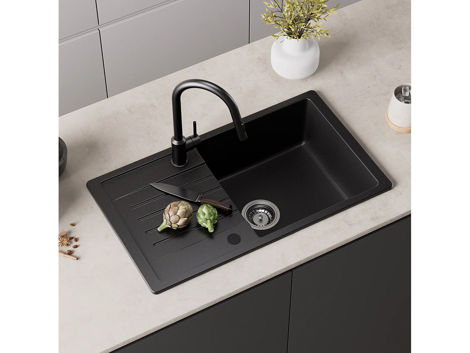 Cecipa max 1 spoelbak met afdruiprek, 78x45cm Spoelbak in kwarts en zwarte hars + Mengkraan met uittrekbare spray, 3 wateruitlaatmodi, Geborsteld