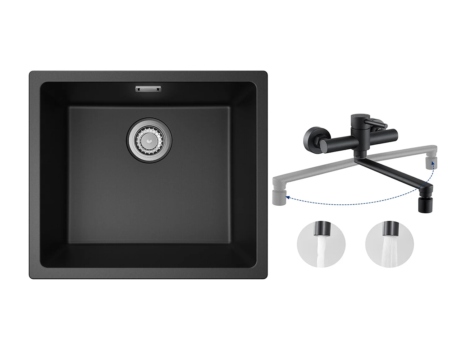 spoelbak in kwarts en hars, 3 montagemogelijkheden, 50*44*20cm + wandgemonteerde keukenmixer met 2 jets zwart