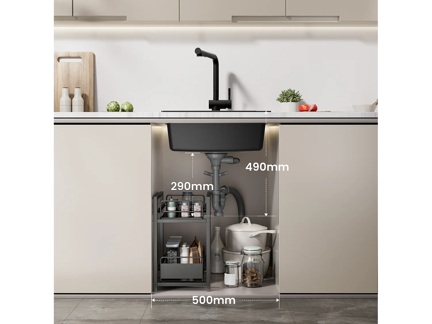 spoelbak in kwarts en hars, 3 montagemogelijkheden, 50*44*20cm + wandgemonteerde keukenmixer met 2 jets zwart