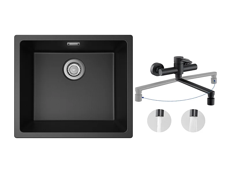 Evier 1 Bac en Quartz et Résine, 3 Options de Montage, 50*44*20cm + Mitigeur de Cuisine Mural avec 2 Jets Noir