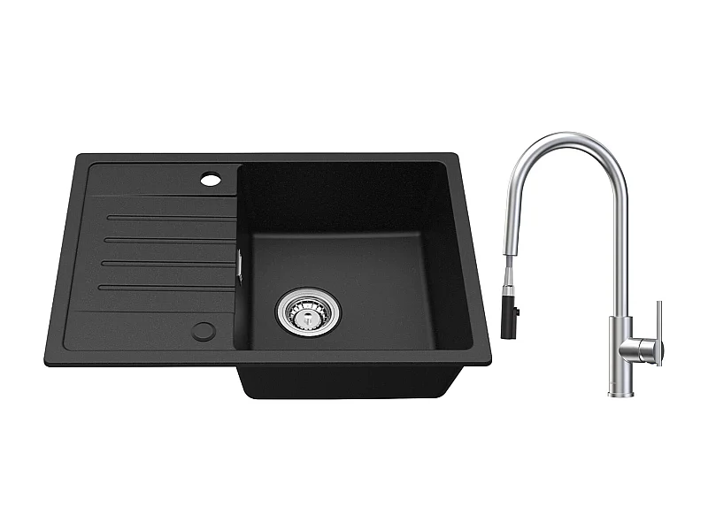 Evier 1 Bac avec Egouttoir, Evier en Quartz et résine Noir 65x45cm + Mitigeur de Cuisine Avec Douchette Extractible, 2 Modes de Sortie D'eau, Brossé