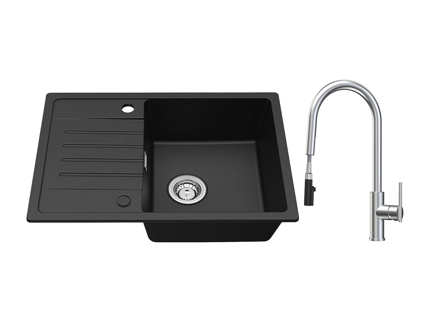 Evier 1 Bac avec Egouttoir, Evier en Quartz et résine Noir 65x45cm + Mitigeur de Cuisine Avec Douchette Extractible, 2 Modes de Sortie D'eau, Brossé