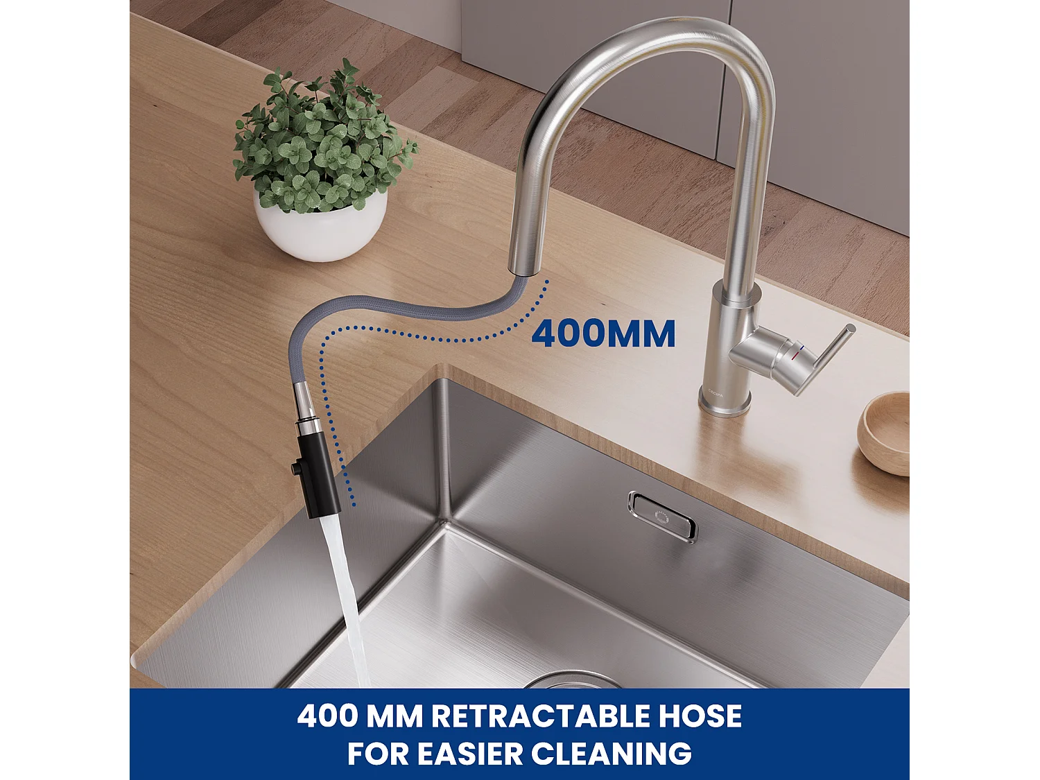 Evier 1 Bac avec Egouttoir, Evier en Quartz et résine Noir 65x45cm + Mitigeur de Cuisine Avec Douchette Extractible, 2 Modes de Sortie D'eau, Brossé