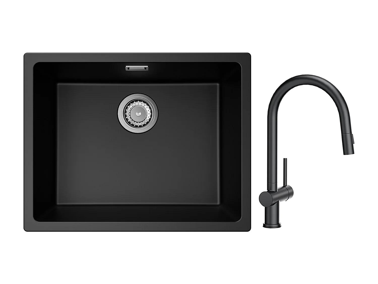 CECIPA MAX Einzelspüle aus Quarz und Kunstharz in Schwarzgrau 55*44*20cm + Küchenmischbatterie mit ausziehbarer Brause mit 2 Strahlarten