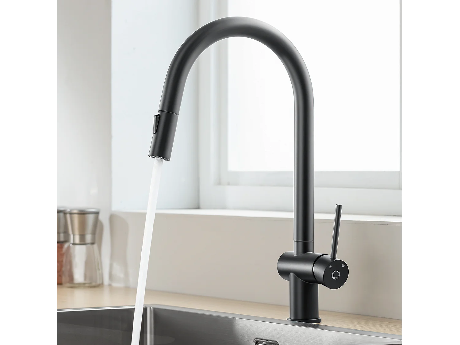 CECIPA MAX Evier 1 Bac en Quartz et Résine Noir Gris 55*44*20cm + Mitigeur de Cuisine avec Douchette Extractible avec 2 Types de Jet