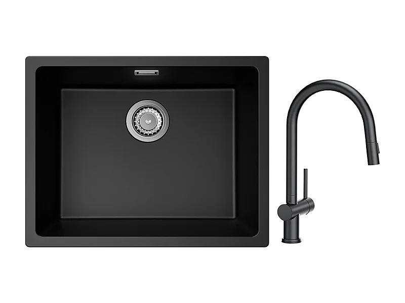 CECIPA MAX Lavello 1 Vasca in Quarzo e Resina Nero Grigio 55*44*20cm + Miscelatore Cucina con Doccia Estraibile con 2 Tipi di Getti