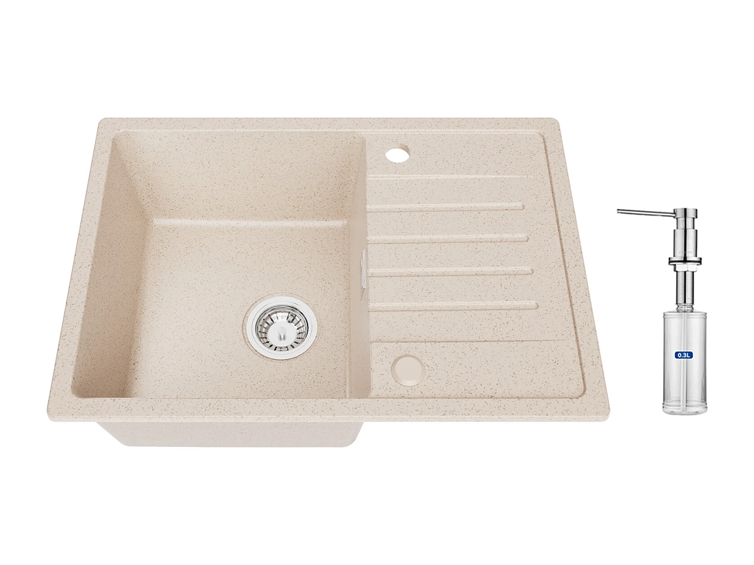 Lavello da cucina Cecipa max con gocciolatoio 65x45 cm Lavello da incasso 1 vasca Lavello in Quarzo e Resina (Colore Avena) + Dispenser Sapone Spazzolato 300ML