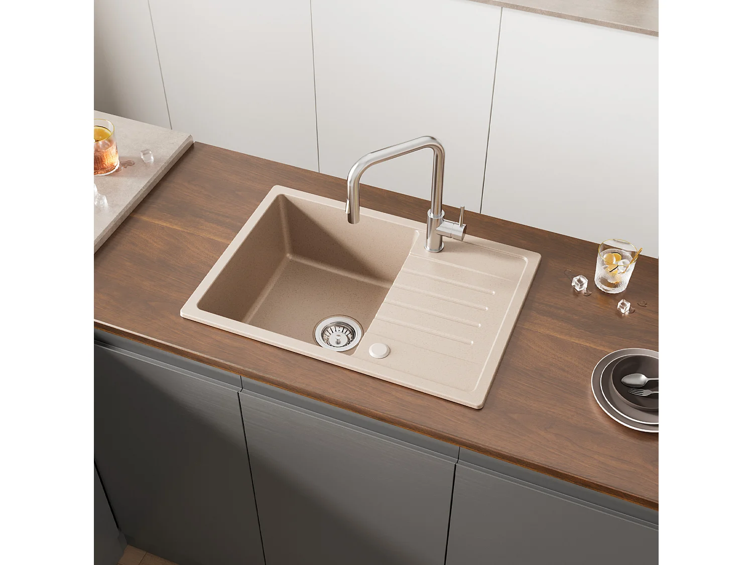 Lavello da cucina Cecipa max con gocciolatoio 65x45 cm Lavello da incasso 1 vasca Lavello in Quarzo e Resina (Colore Avena) + Dispenser Sapone Spazzolato 300ML