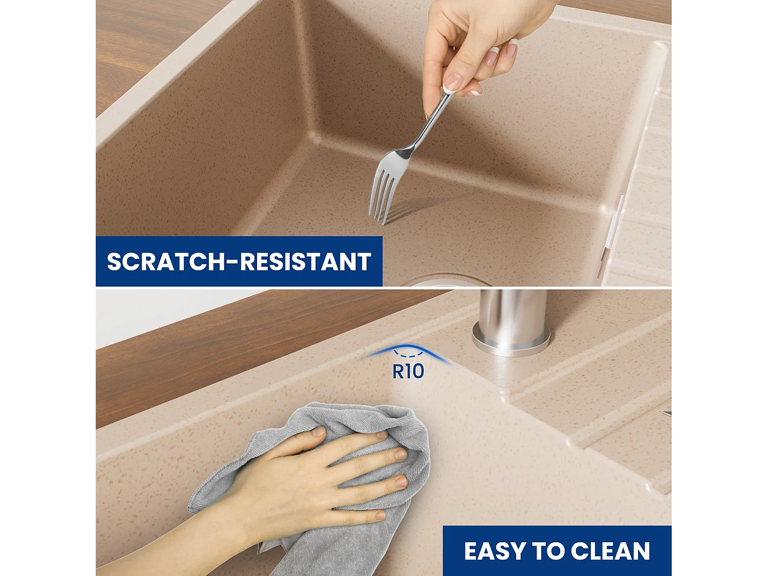 Lavello da cucina Cecipa max con gocciolatoio 65x45 cm Lavello da incasso 1 vasca Lavello in Quarzo e Resina (Colore Avena) + Dispenser Sapone Spazzolato 300ML