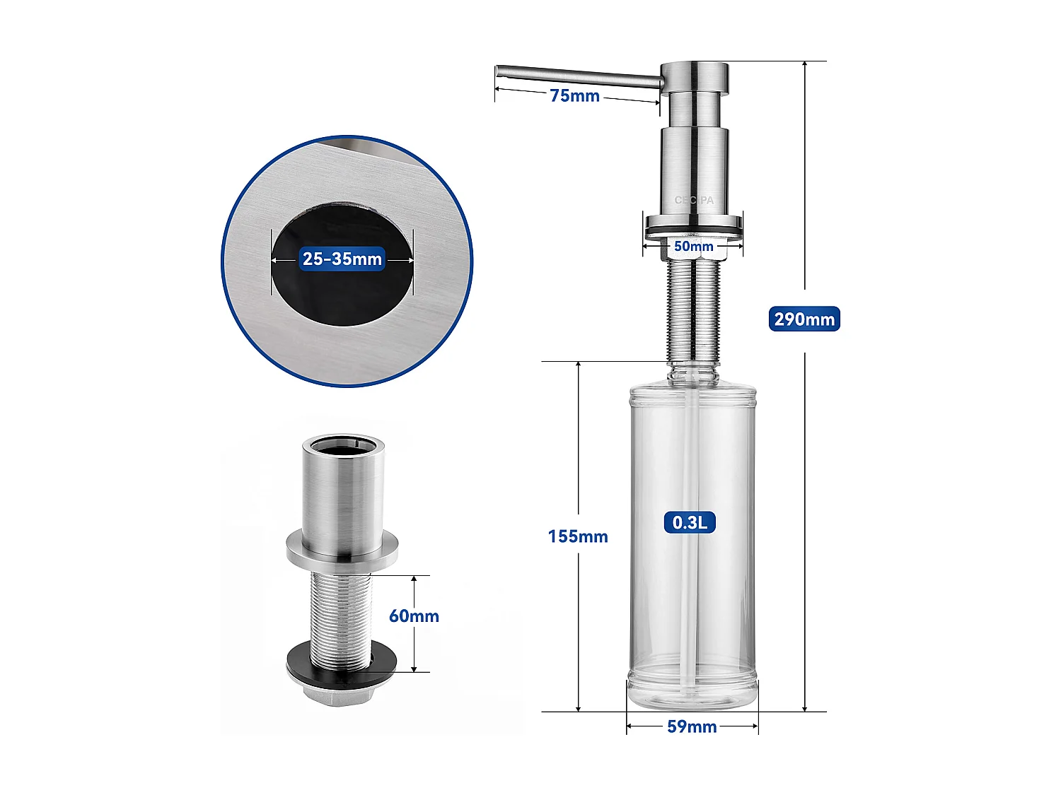 Lavello da cucina Cecipa max con gocciolatoio 65x45 cm Lavello da incasso 1 vasca Lavello in Quarzo e Resina (Colore Avena) + Dispenser Sapone Spazzolato 300ML