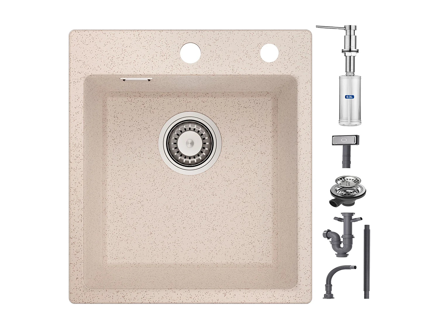Cecipa max 40x45cm Evier Quartz Couleur Avoine Evier 1 Bac Evier de Cuisine Evier à Encastrer 1 Vasque  + 300ML Distributeur de Savon Brossé