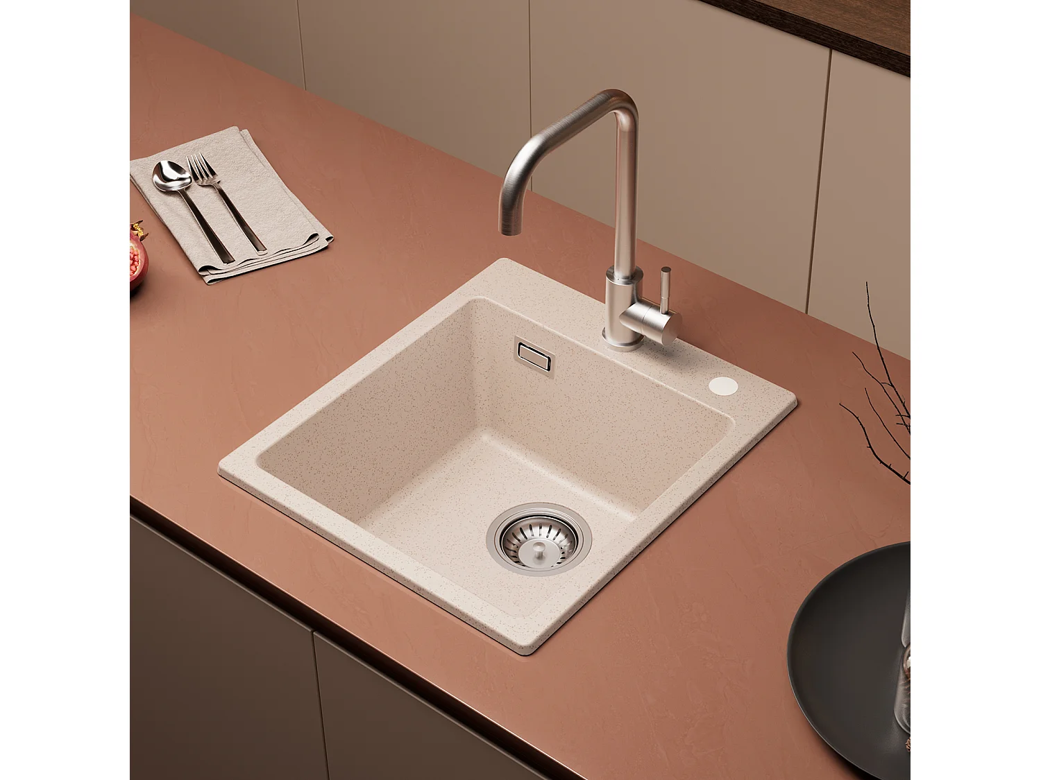 Cecipa max 40x45cm Evier Quartz Couleur Avoine Evier 1 Bac Evier de Cuisine Evier à Encastrer 1 Vasque  + 300ML Distributeur de Savon Brossé