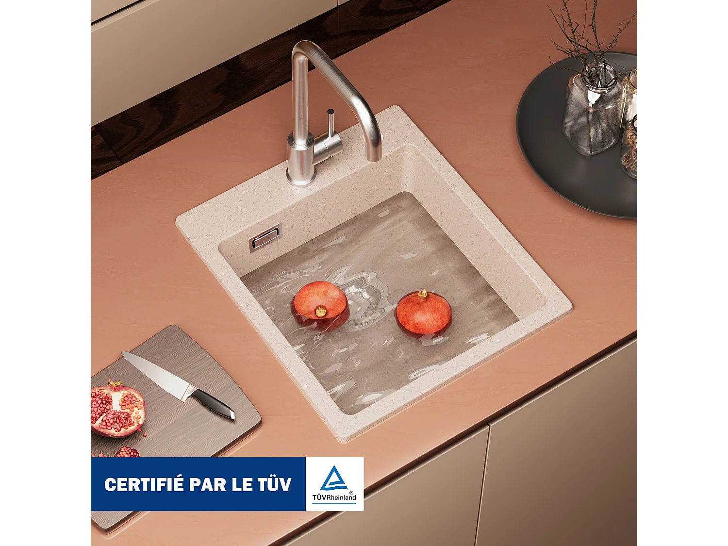 Cecipa max 40x45cm Evier Quartz Couleur Avoine Evier 1 Bac Evier de Cuisine Evier à Encastrer 1 Vasque  + 300ML Distributeur de Savon Brossé