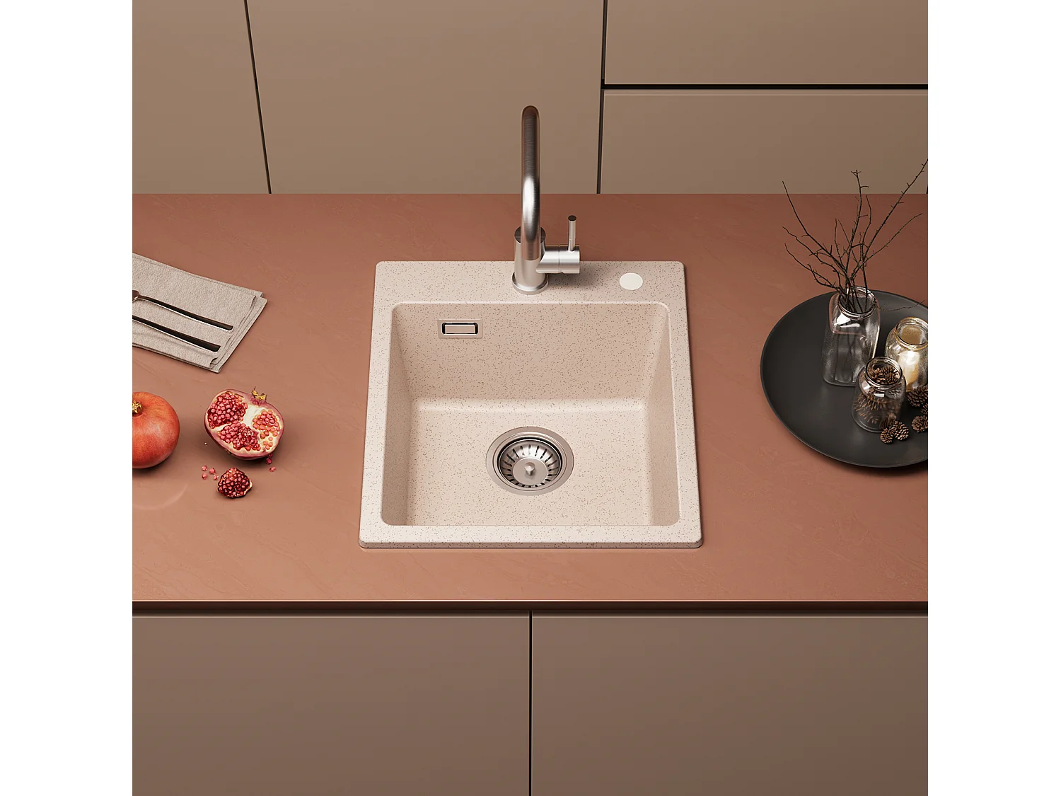 Cecipa max 40x45cm Evier Quartz Couleur Avoine Evier 1 Bac Evier de Cuisine Evier à Encastrer 1 Vasque  + 300ML Distributeur de Savon Brossé