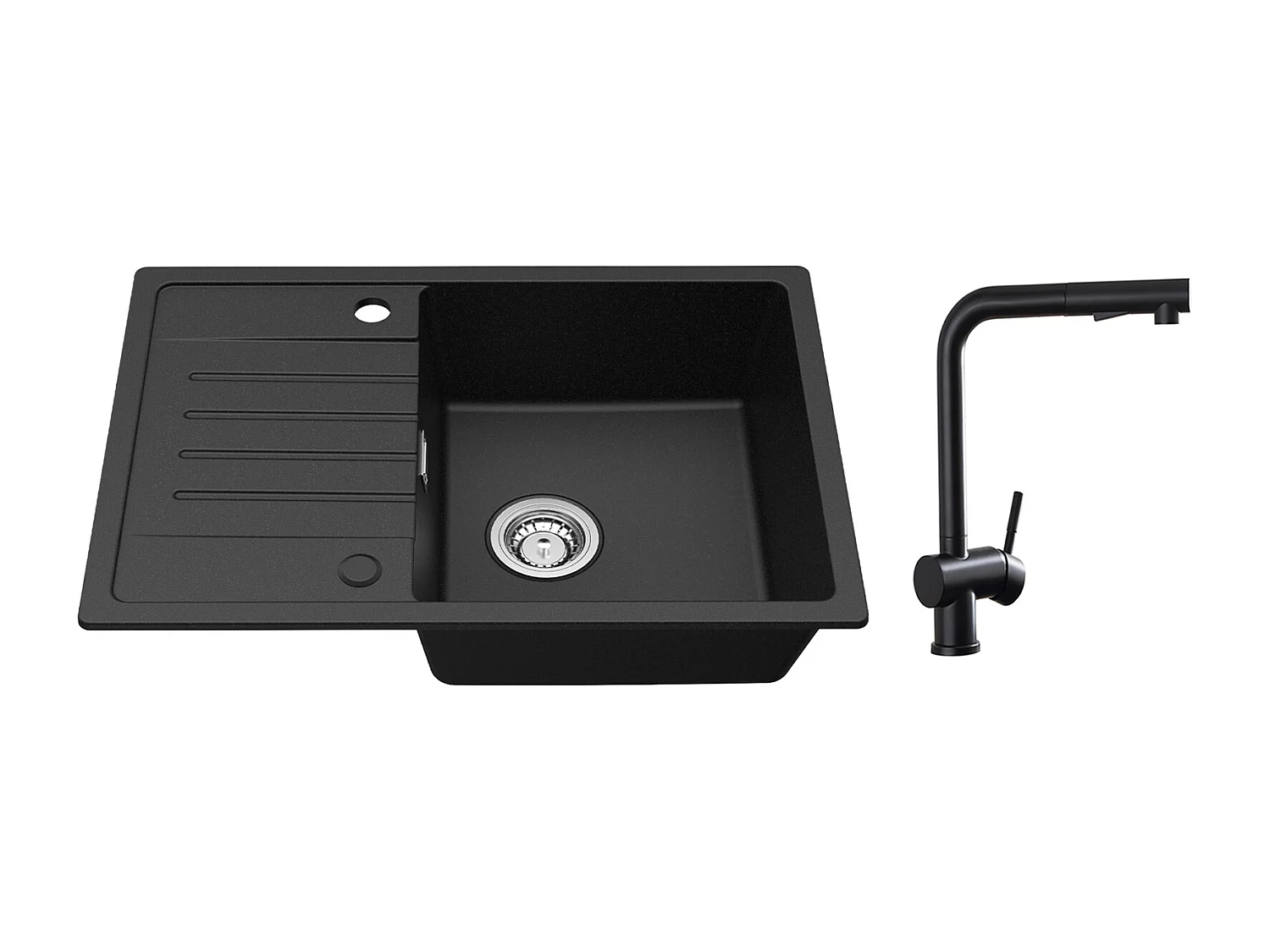 Lavello Cecipa max 1 vasca con gocciolatoio Lavello incasso Quarzo Nero 65x45cm + Rubinetti cucina con doccetta estraibile, Miscelatore lavello Nero