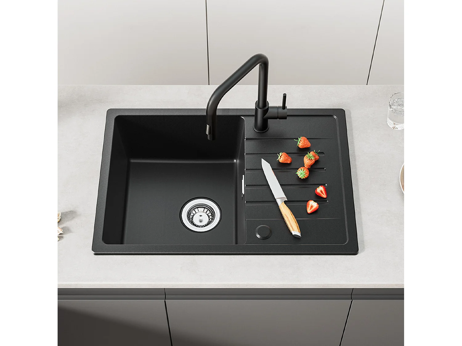 Lavello Cecipa max 1 vasca con gocciolatoio Lavello incasso Quarzo Nero 65x45cm + Rubinetti cucina con doccetta estraibile, Miscelatore lavello Nero