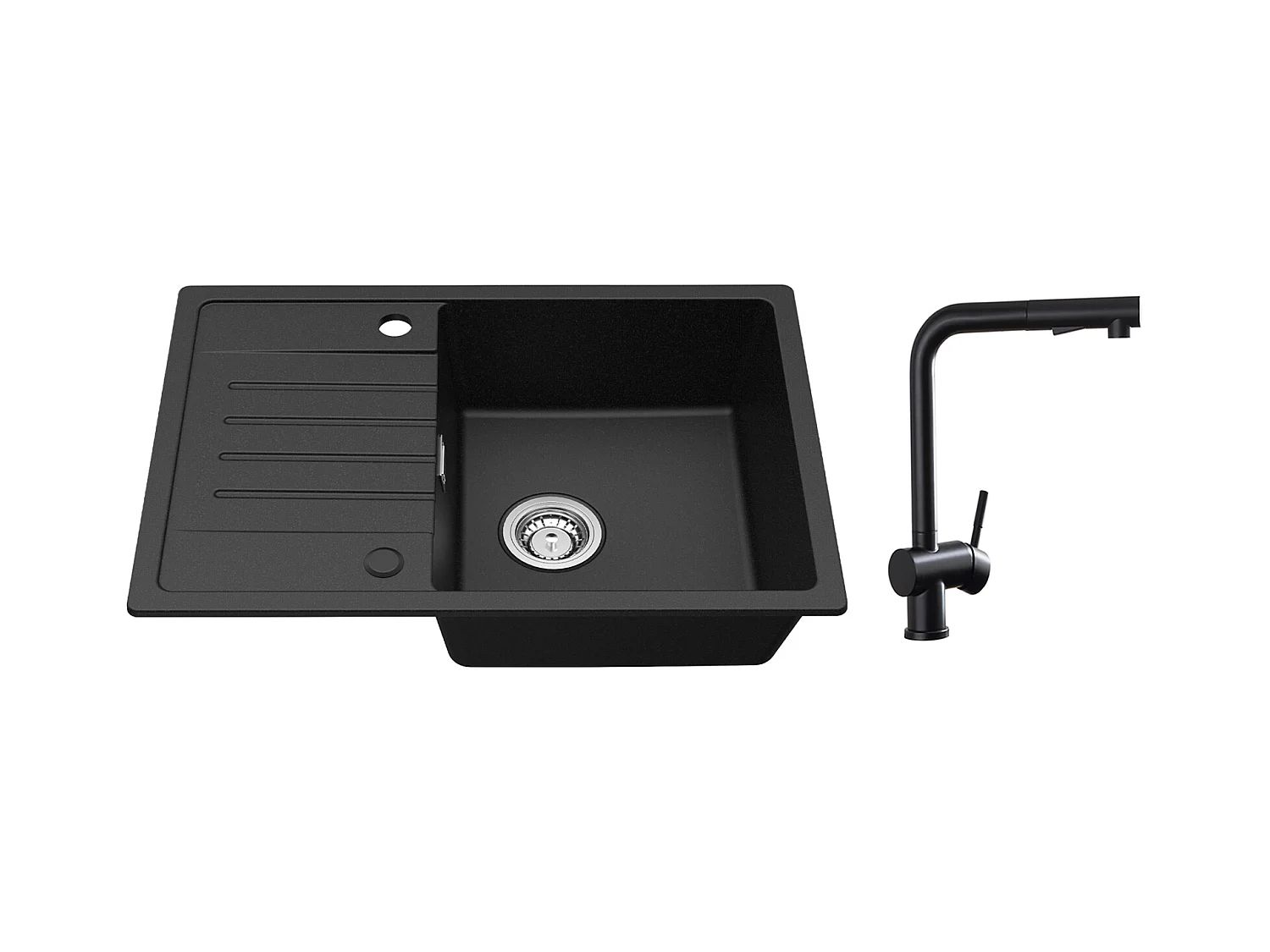 Cecipa max Evier 1 Bac avec Egouttoir Evier à encastrer Quartz Noir 65x45cm + Robinets Cuisine avec Douchette Extractible, Mitigeur d'évier Noir