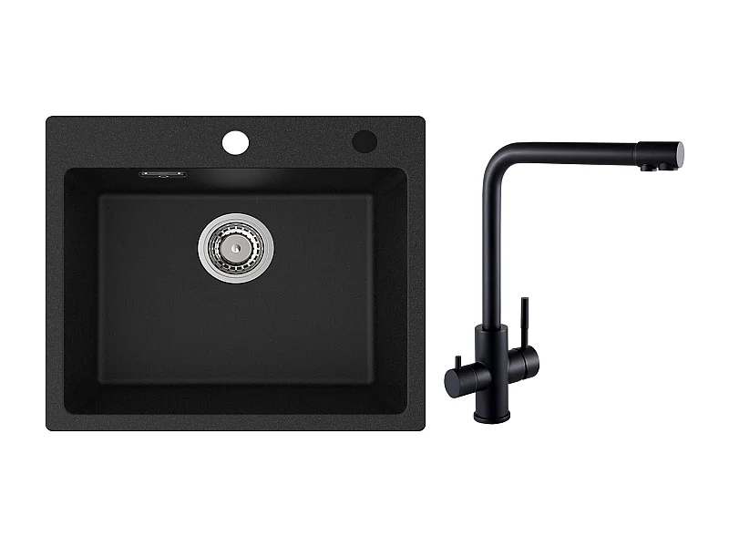 Cecipa MAX Lavello 1 Vasca 50x45 cm Lavabo in Quarzo e Resina Lavello Incasso + Miscelatore Lavello 3 Vie, 2 Leve, Nero