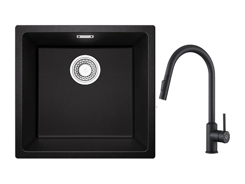 CECIPA MAX Fregadero 1 Seno de Cuarzo y Resina Negro Gris 45*44*20cm + Mezclador de Cocina con Ducha Extraíble Negro