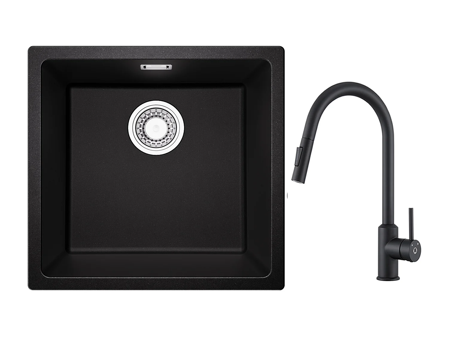 CECIPA MAX Spoelbak 1 Kom in Kwarts en Hars Zwart Grijs 45*44*20cm + Keukenmixer met Zwarte Uittrekbare Spray