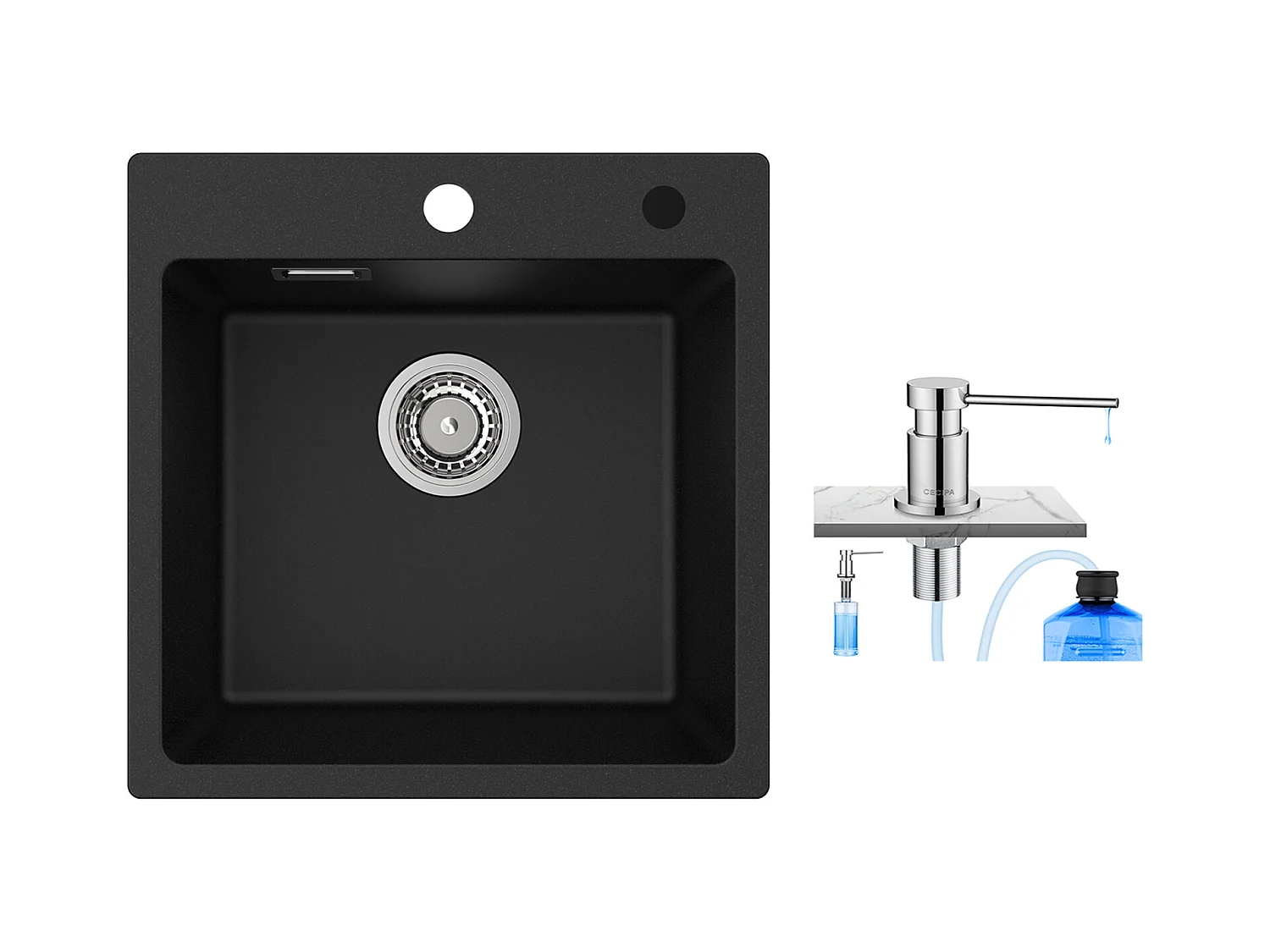 Cecipa MAX Evier 1 Bac en Quartz et Résine Noir 45x45cm Evier à Encastrer + 300ML Distributeur de Savon de Cuisine Chromé