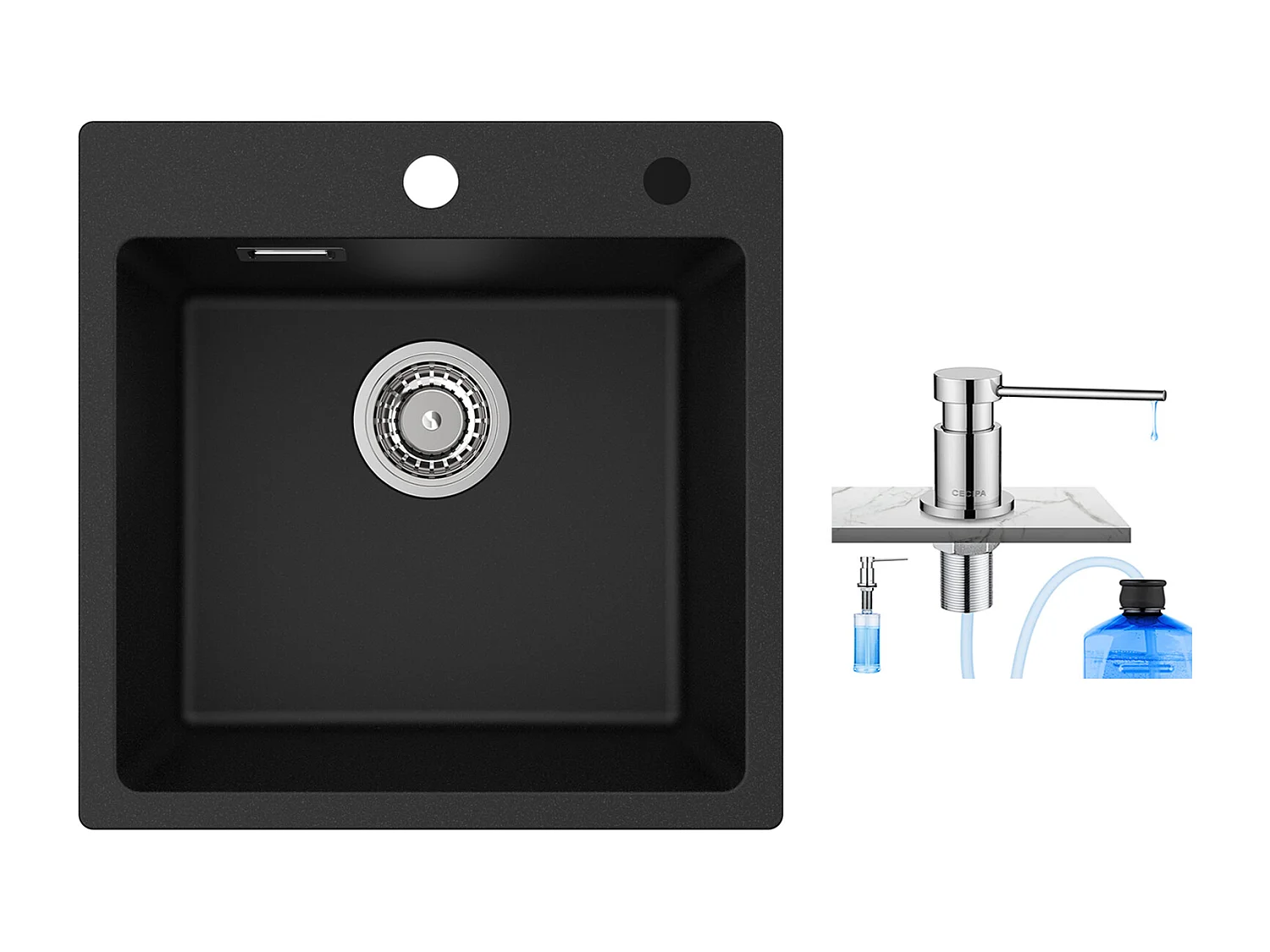 Cecipa MAX Einzelbecken aus Quarz und Kunstharz, Schwarz, 45 x 45 cm, Unterbauspüle + 300 ml Chrom-Seifenspender für die Küche