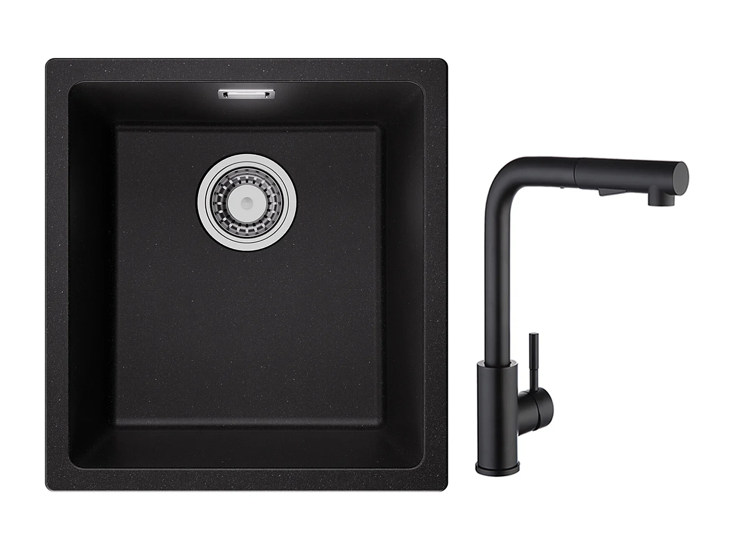 CECIPA MAX Spoelbak 1 Kom in Kwarts en Hars Zwart Grijs 40*44*20cm + Keukenmixer met Zwarte Uittrekbare Spray