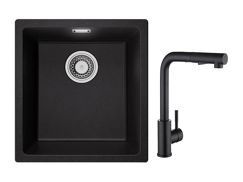 CECIPA MAX Spoelbak 1 Kom in Kwarts en Hars Zwart Grijs 40*44*20cm + Keukenmixer met Zwarte Uittrekbare Spray