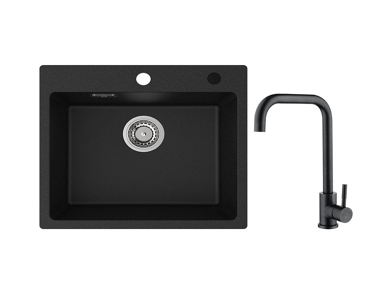 Cecipa MAX Evier 1 Bac 50x45cm Evier en Quartz et Résine Evier à Encastrer + Mitigeur de Cuisine en Inox Noir étoilé avec Bec Haut et Incurvé