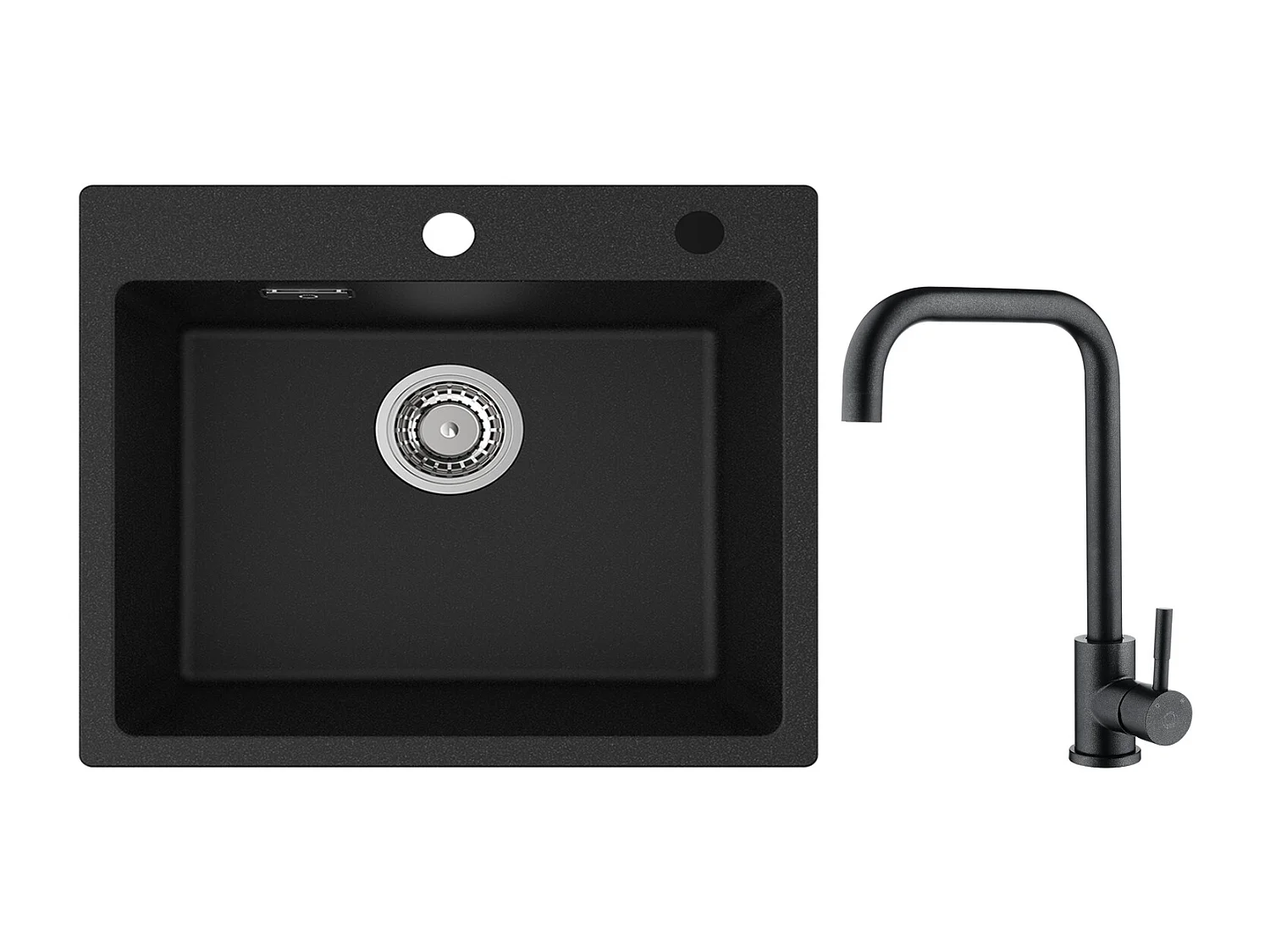 Cecipa MAX Einzelspüle, 50 x 45 cm, Spüle aus Quarz und Kunstharz, Einbauspüle + Küchenarmatur „Starry“ aus Edelstahl in Schwarz mit hohem, gebogenem Auslauf
