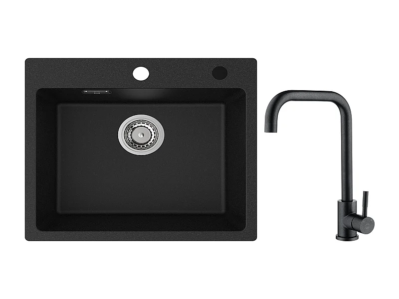 Cecipa MAX Einzelspüle, 50 x 45 cm, Spüle aus Quarz und Kunstharz, Einbauspüle + Küchenarmatur „Starry“ aus Edelstahl in Schwarz mit hohem, gebogenem Auslauf